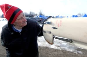 Mary B unveiling at Boathouse 1/30/16. Bill Mattison with 1959 signature