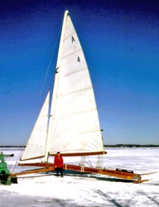 Mary B on the ice. Location unknown. Side baskets have been installed