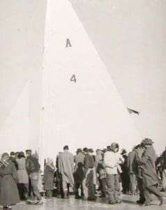 Crowds gathered on the ice to get a close look at the Mary B after a race on Lake Monona 1952